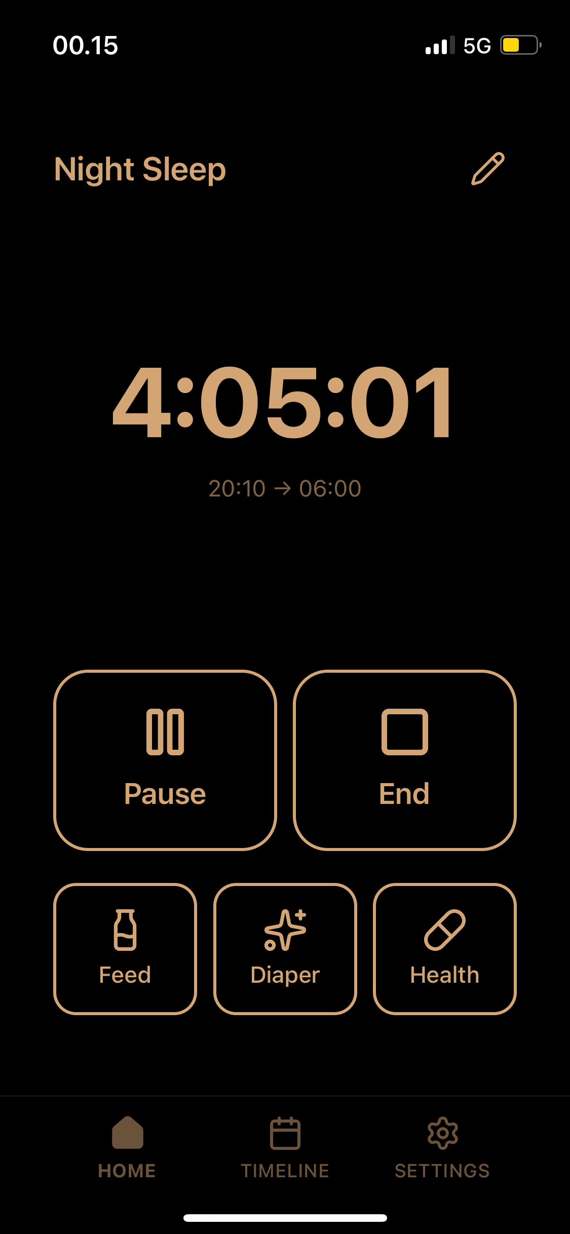 Night mode in dark amber: the night-sleep timer with large Pause, End, Feed and Diaper buttons